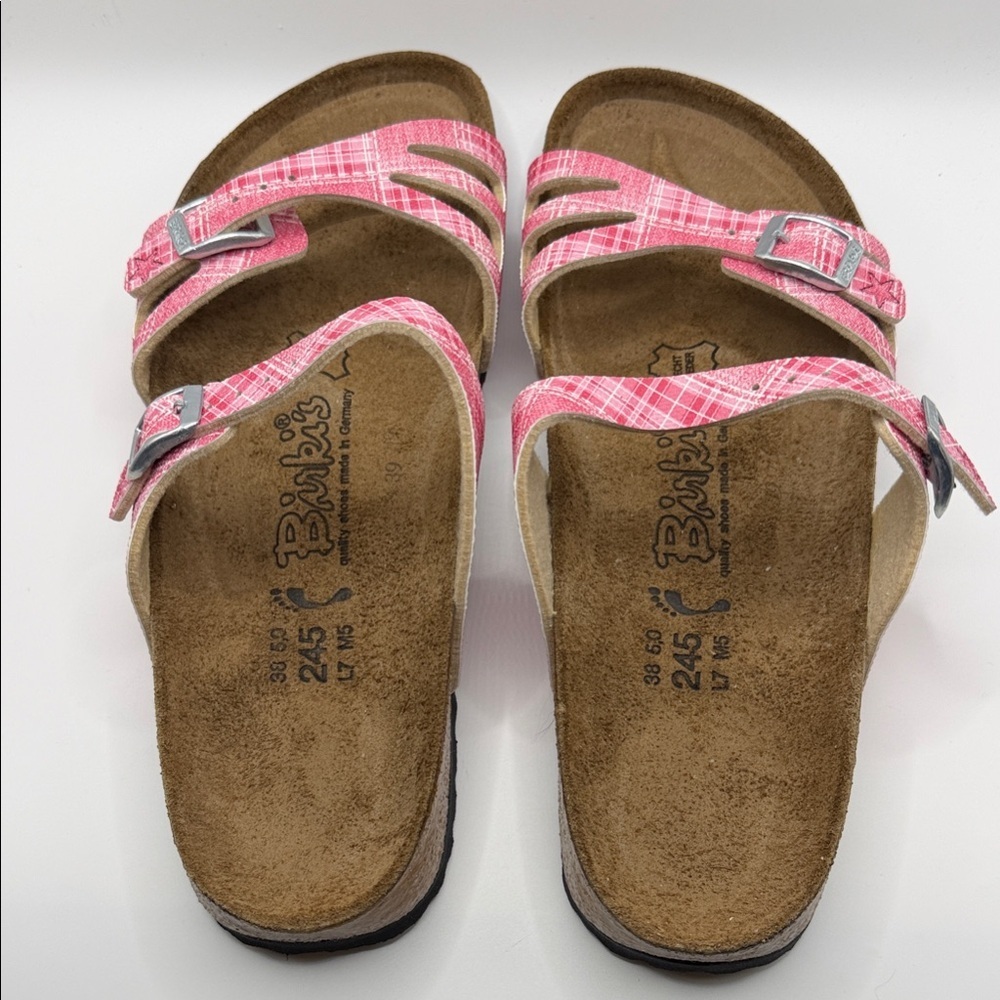 Birki's by Birkenstock Juliette pink denim plaid pattern